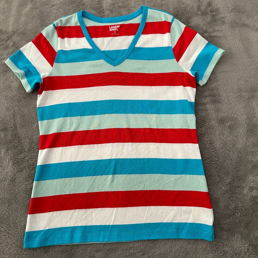 Lands' End Womens Short Sleeve V-Neck Striped Tee in Red, Turquoise & White